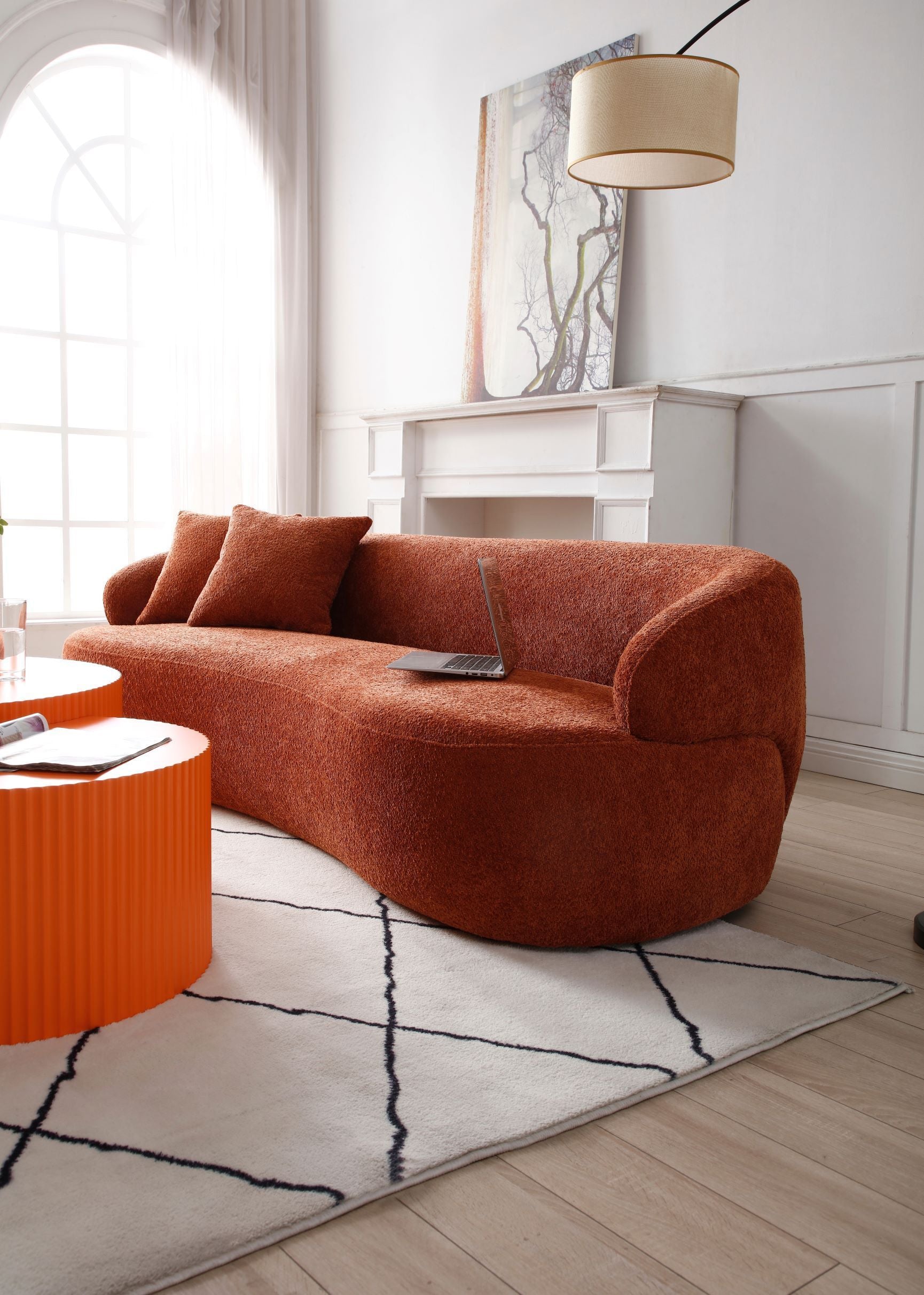 Modern 3 Seat Cloud Couch Boucle Sofa Fabric  - Orange