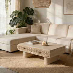 Rounded Edge Coffee Table with Flower Pattern Solid Wood Drawer, Coffee Table for Living Room, Office