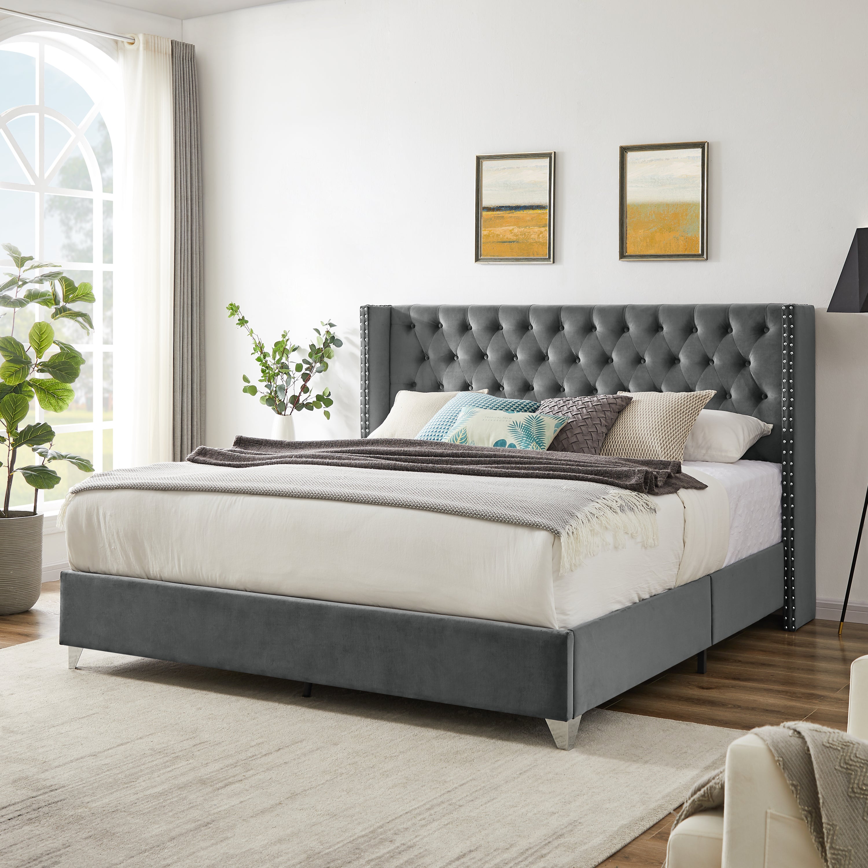 King bed, Button designed Headboard - Gray