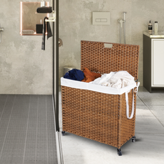 Laundry Hamper With Lid PE Rattan Powder Coating Frame Clothes Hampers with 2 Removable Bags, Wheels, 160L, Brown Color