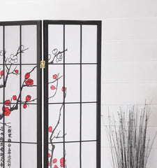 Black Japanese 4-Panel Screen Room Divider, Plum Blossom