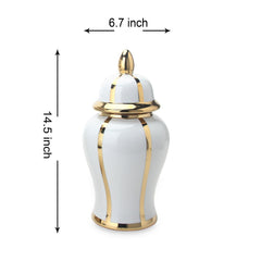 White Linear Gilded Ginger Jar with Removable Lid