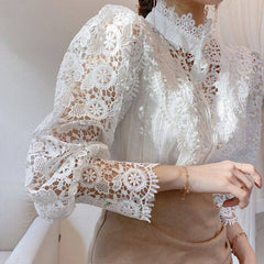 Elegant Women's Vintage Pearl Button Lace Blouse - Puff Sleeve Semi-Sheer Ruffled Stand Collar Shirt