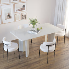 Set of 2 Dining Chairs, Mid-Century Modern, Curved Backrest Round Upholstered Boucle with Black Metal Legs