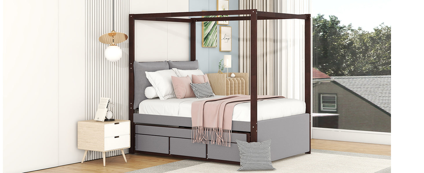 Full Size Upholstered  Canopy Bed with Trundle and 3 Drawers - Gray
