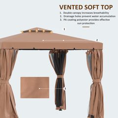 10'x10' Patio Gazebo, Outdoor Gazebo Canopy Shelter with Double Vented Roof, Netting and Curtains, for Garden, Lawn, Backyard and Deck - Brown