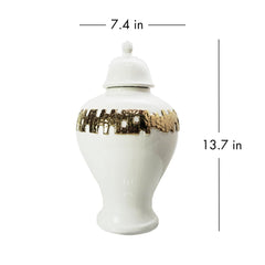 14.00"H White Ginger Jar with Gold Ornament