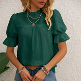 Women's Elegant Ruffle Detail Blouse Short Sleeve Round Neck Top
