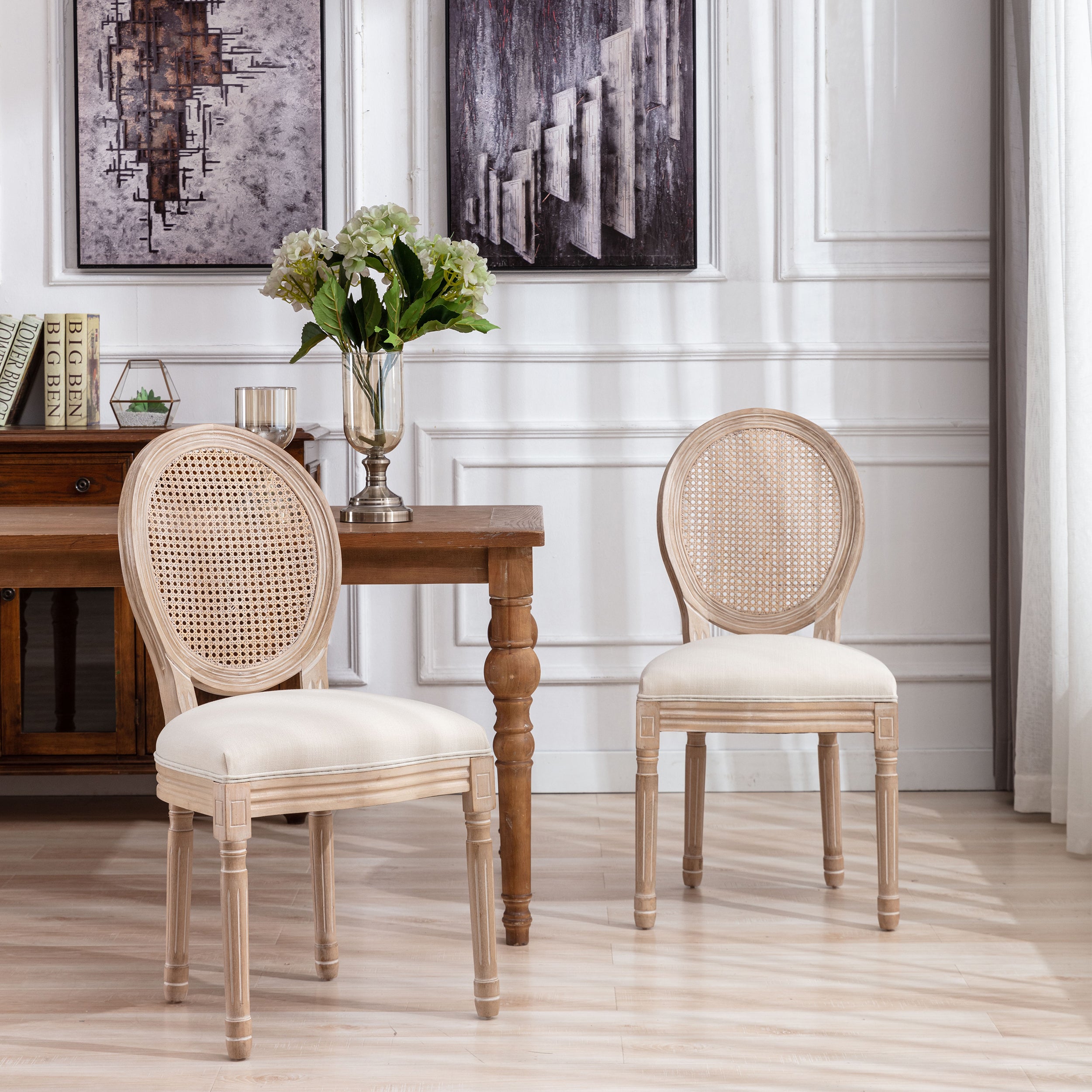 French Style Antique Painting Linen Fabric Rattan Back Dining Chair (Set of 2) - Cream