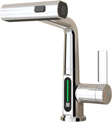 Pull-Out Lift LED Temperature Digital Display Basin Faucet, Single Handle 360° Rotatable Waterfall 3-in-1 Basin Tap with Adjustable Height - Chrome