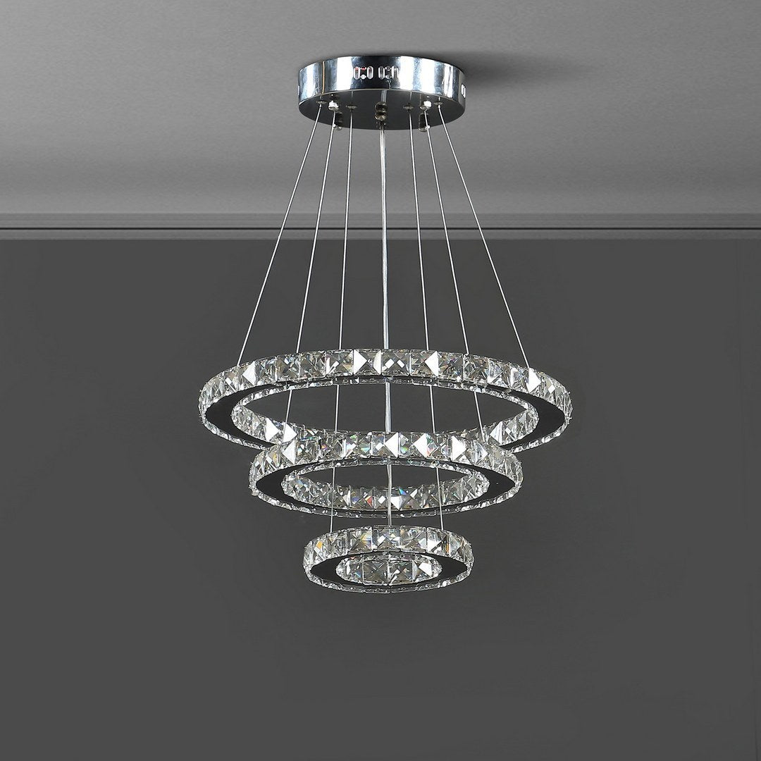 Adjustable Height Alva Large Triple Hoop Modern Crystal Stainless Pure White Color Led Remote Control Dimmer Chandelier