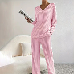 Women's 2-Piece Set Solid Color V-Neck Long Sleeve Top & Straight Leg Pants, Ribbed Texture Outfit For Fall&Winter