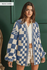 Full Size Open Front Checkered Drop Shoulder Cardigan - Pastel Blue