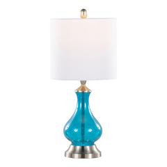 22" Contemporary Accent Lamp in Clear Sapphire Blue Seeded Glass, Brushed Nickel and White Linen Shade
