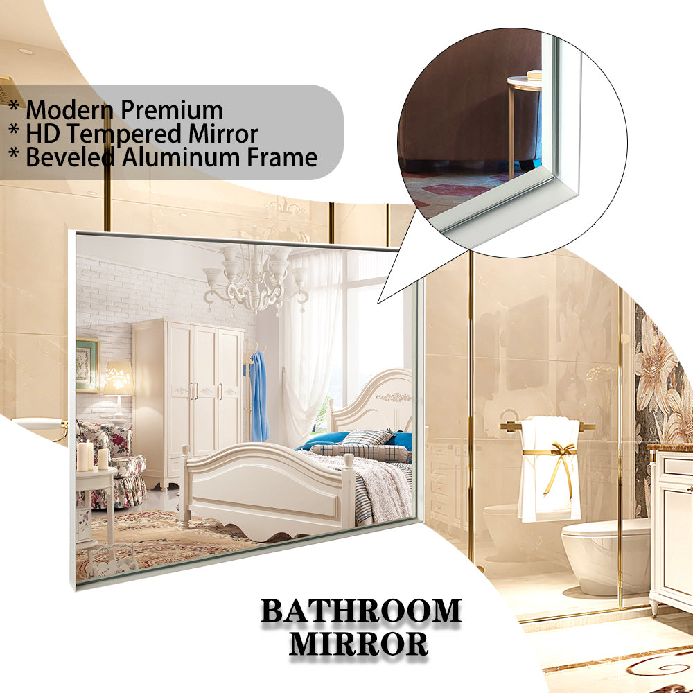 40x30inch Glossy White Rectangular Wall-Mounted Beveled Bathroom Mirror (Horizontal & Vertical)