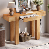 Rustic Minimalist Console Table with Hidden Drawer, Side Power Outlet,Wood Entryway Table for Entryways, Living Rooms and Home Offices(Natural)