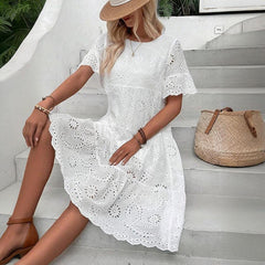 Women's Eyelet Lace Summer Dress, Short Sleeve, A-Line, Knee Length