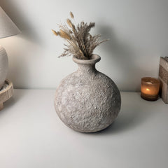 Rustic Hand-Painted Ceramic Round Bottle Vase 11" tall - Beige Wash