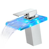 Bathroom Sink Faucet LED Light 3 Colors Changing Waterfall Glass Spout Hot Cold Water Mixer Single Handle Faucet Black