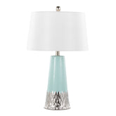 22" Contemporary Table Lamp with Tiffany Blue & Silver Ceramic Body and White Shade