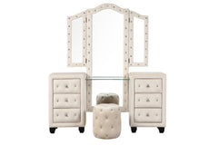 Crystal Tufted Vanity set Made with Wood in Cream