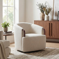 30' Modern Boucle Swivel Barrel Chair with Solid Wood Accents, Soft Durable Upholstery & 360° Swivel Base, Ideal for Living Room, Bedroom, or Office