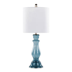 25" Contemporary Table Lamp in Clear Angel Blue Seeded Glass, Polished Nickel and White Linen Shade- Set of 2