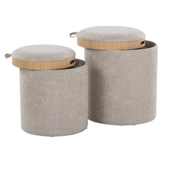 Tray Contemporary Nesting Ottoman Set in Light Brown Fabric and Natural Wood