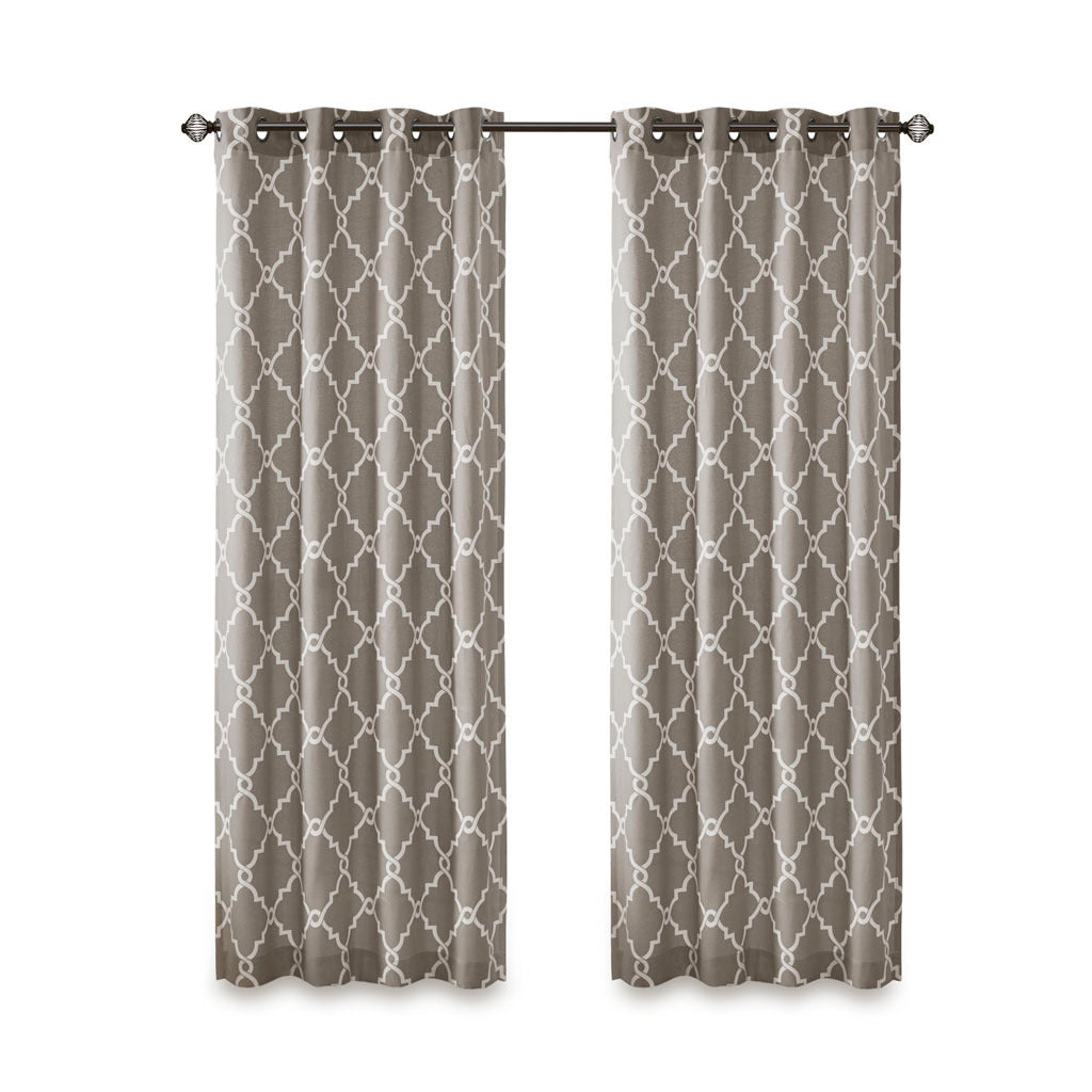 Fretwork Print Grommet Top Window Curtain Panel - Grey+White