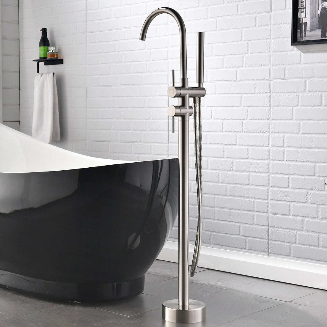 Single Handle Freestanding Tub Filler Floor Mount Bathtub Faucet with Handheld Shower - Brushed Nickel
