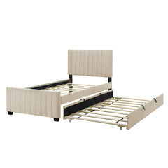 Twin Size Velvet Upholstered Platform Bed with Twin Size Trundle - Beige