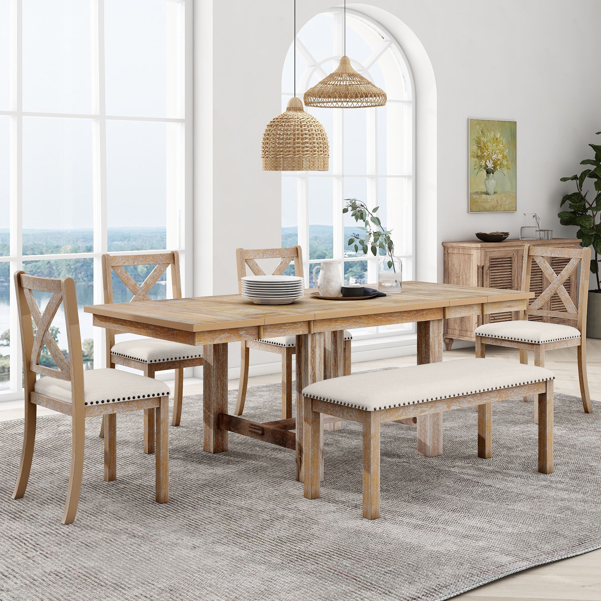 Farmhouse 6-Piece Extendable Dining Table with Footrest, 4 Upholstered Dining Chairs and Dining Bench - Natural+Beige Cushion