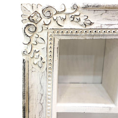 28 Inch Rectangular Wall Mount Mango Wood Shelf, 4 Compartments, Floral Carving, Distressed White