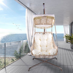 Swing Egg Chair with Stand Indoor Outdoor, UV Resistant Black Cushion with Cup Holder, Wicker Rattan Frame with Sunshade Cloth