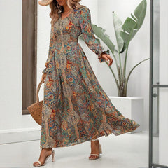 Women's Boho Maxi Dress, V-Neck, Geometric Print, Long Flounce Sleeves, Smocked Waist, A-Line
