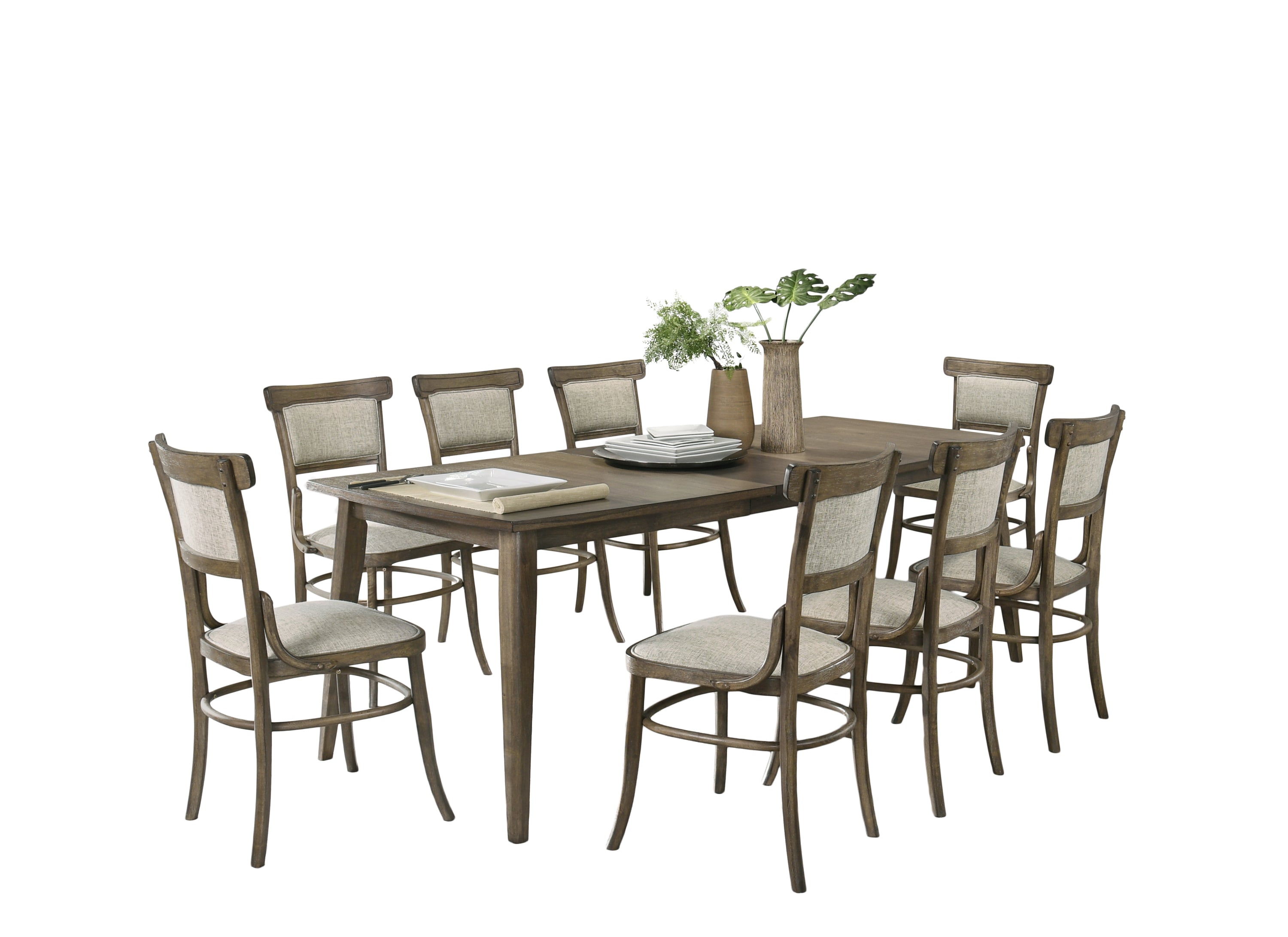 Vintage Walnut 9 Piece Dining Table with Extension Leaf and Off White Fabric Dining Chairs