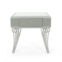 Mirrored Silver End Table Nightstand with 1 drawer for Bedroom or Living Room