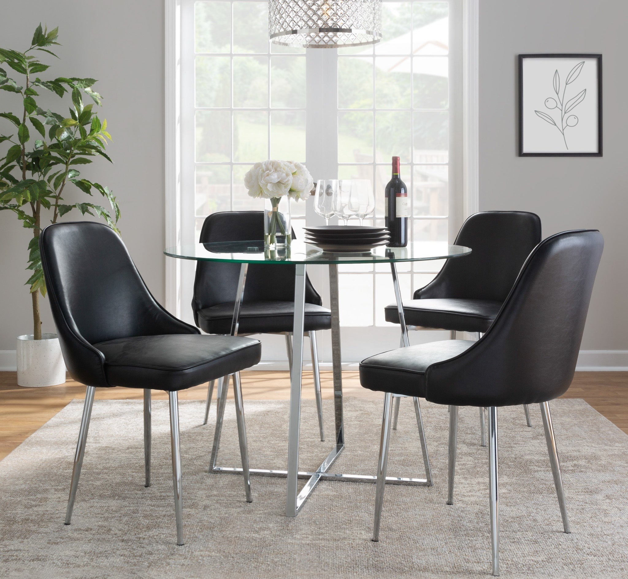 Contemporary Dining Chair with Chrome Frame and Black Faux Leather (Set of 2)