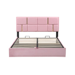 Queen Size Upholstered Platform Bed with Hydraulic Storage System, No Box Spring Needed - Pink