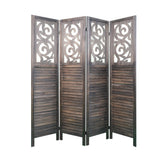 4 Panel Room Dividers, 6FT Carved Wood - Rustic Brown