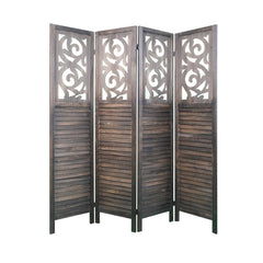 4 Panel Room Dividers, 6FT Carved Wood - Rustic Brown
