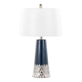 22" Contemporary Table Lamp with Dark Blue & Silver Ceramic Body and White Shade