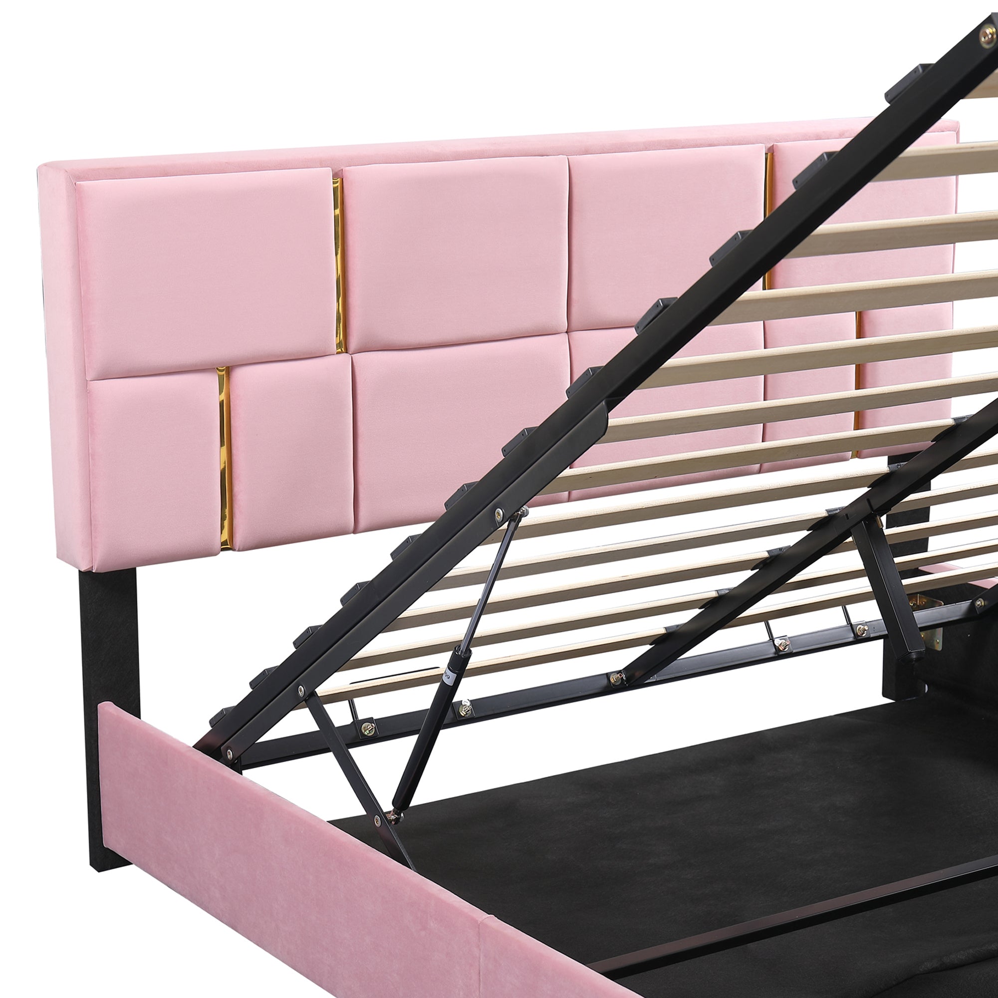 Queen Size Upholstered Platform Bed with Hydraulic Storage System, No Box Spring Needed - Pink