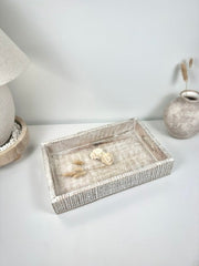 Boho Handmade Serving Wooden Tray Whitewash Finish with Stripes 12x10x2.5”