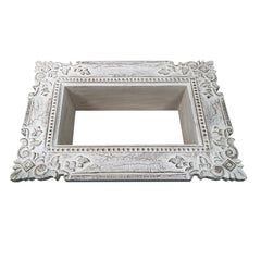 23 Inch Mango Wood Floating Wall Shelf Unit, Floating, Ornate Scroll Carvings, Distressed Gray
