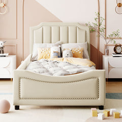 Twin Size Upholstered Daybed with Classic Stripe Shaped Headboard - Beige