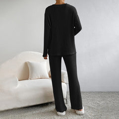 Women's 2-Piece Set Solid Color V-Neck Long Sleeve Top & Straight Leg Pants, Ribbed Texture Outfit For Fall&Winter