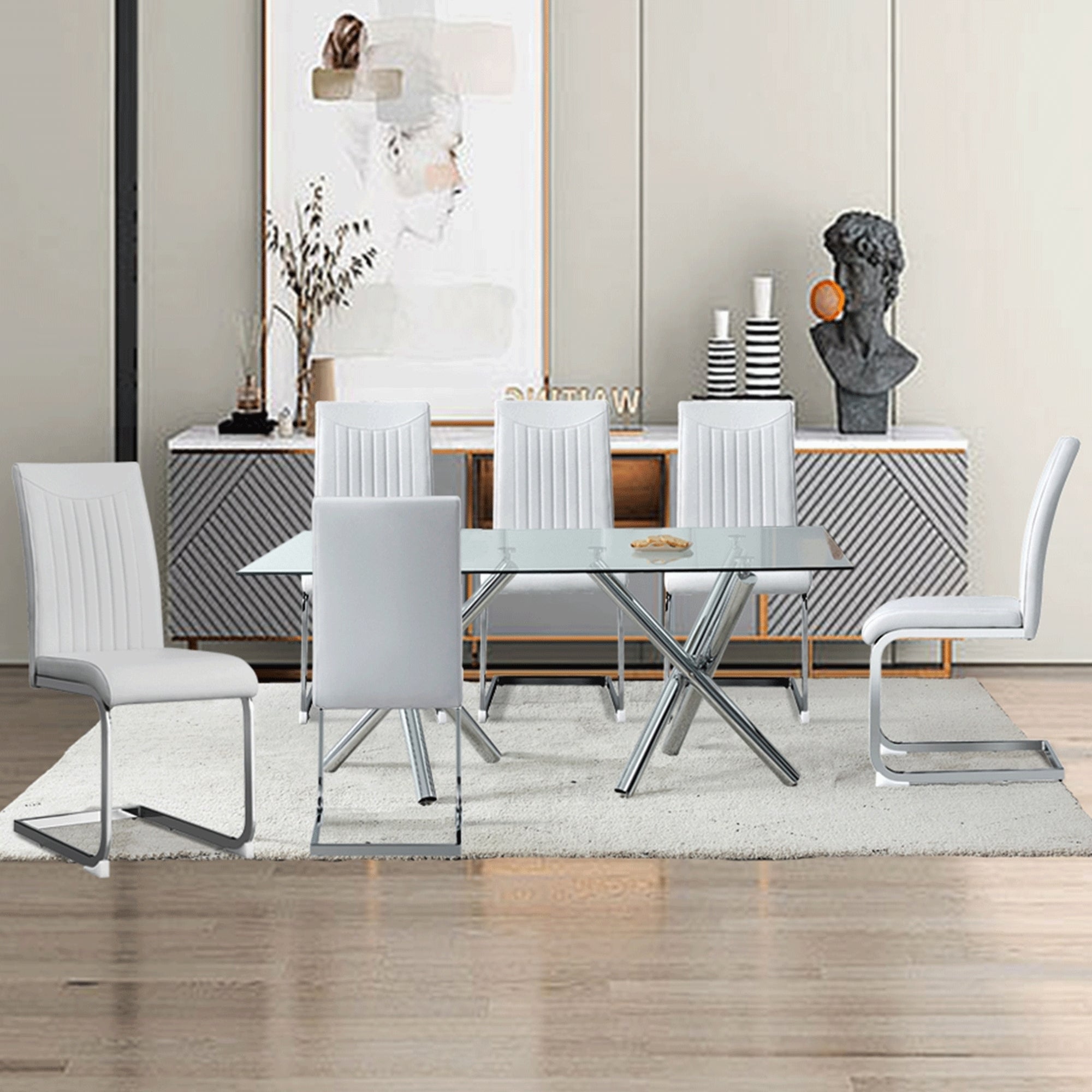 Modern Minimalist Rectangular Glass Dining Table for 6-8 with 0.39" Tempered Glass Tabletop and Silver Chrome Metal Legs