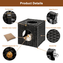 Rattan Cat Litter,Cat Bed with Rattan Ball and Cushion - Black