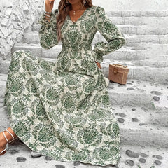 Women's Floral Damask Print Maxi Dress, V-Neck, Long Sleeve, A-Line